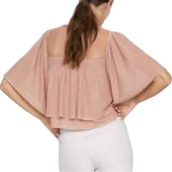 Zara Contrasting Ruffled Bell Sleeve Blush Nude Mesh Swiss Dot Top Blouse Small - Picture 8 of 15
